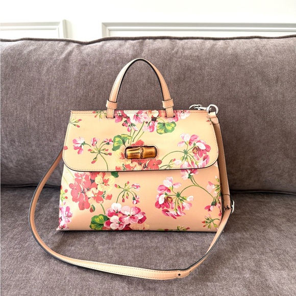 Gucci authentic top handle bag blooms pattern pink leather medium w strap - Picture 2 of 16